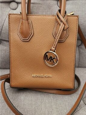 Michael Kors Tan Pebbled Leather Mini Crossbody with Gold MK Charm